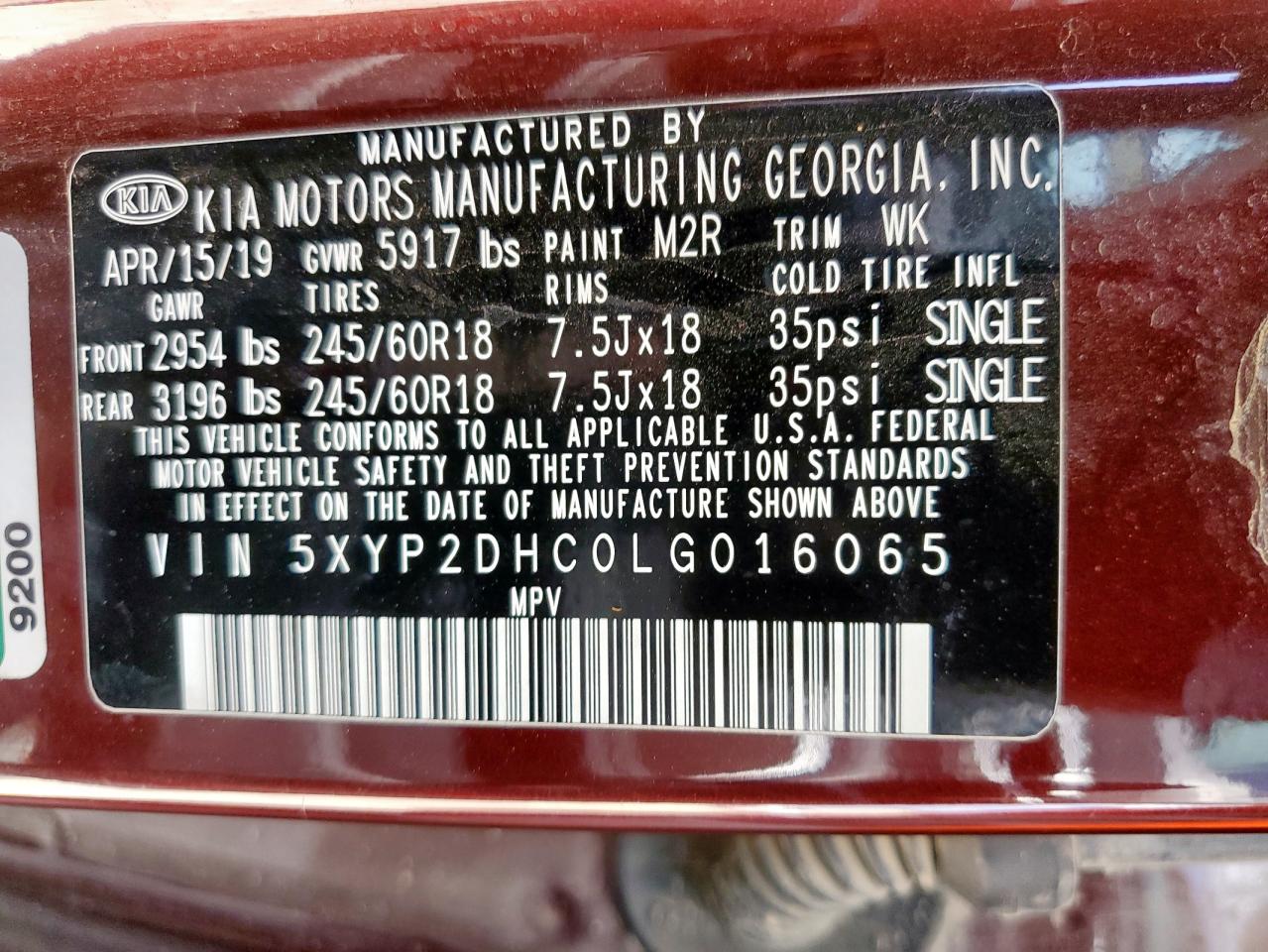 2020 Kia Telluride Lx VIN: 5XYP2DHC0LG016065 Lot: 63856215