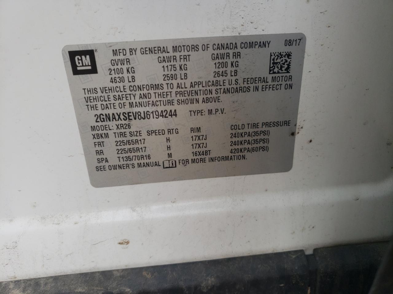 2018 Chevrolet Equinox Lt VIN: 2GNAXSEV8J6194244 Lot: 64403625