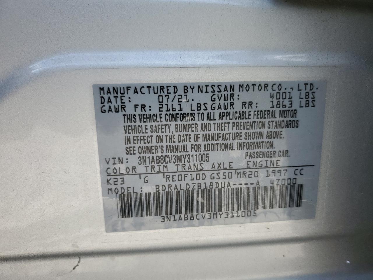 2021 Nissan Sentra Sv VIN: 3N1AB8CV3MY311005 Lot: 64469415