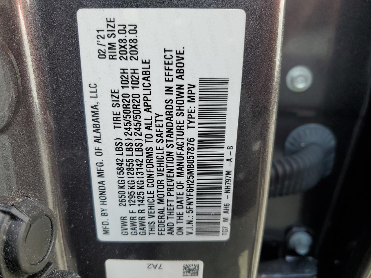 2021 Honda Pilot Se VIN: 5FNYF6H25MB057876 Lot: 64803305