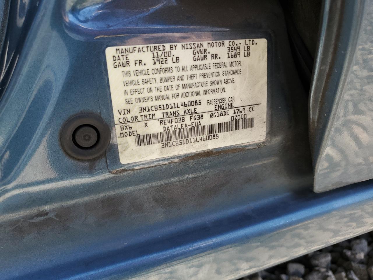 2001 Nissan Sentra Xe VIN: 3N1CB51D11L460085 Lot: 64069335