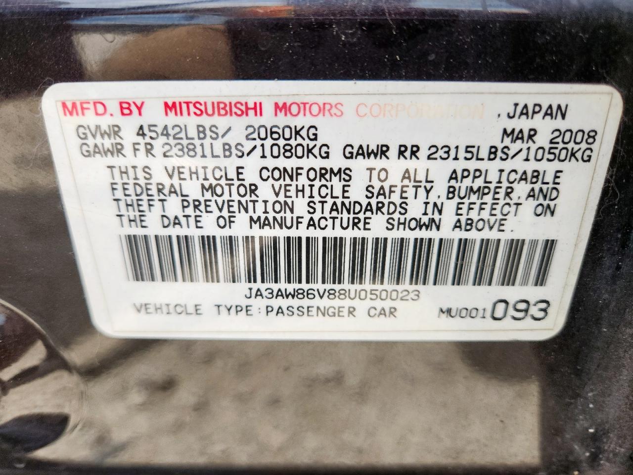 2008 Mitsubishi Lancer Evolution Gsr VIN: JA3AW86V88U050023 Lot: 64411255