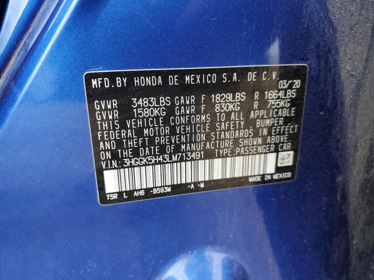 2020 Honda Fit Lx VIN: 3HGGK5H43LM713491 Lot: 64766985