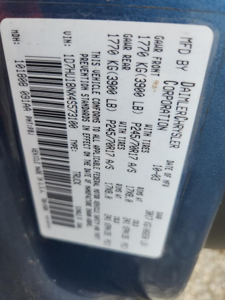 2004 Dodge Ram 1500 St VIN: 1D7HU18NX4S573100 Lot: 65593555