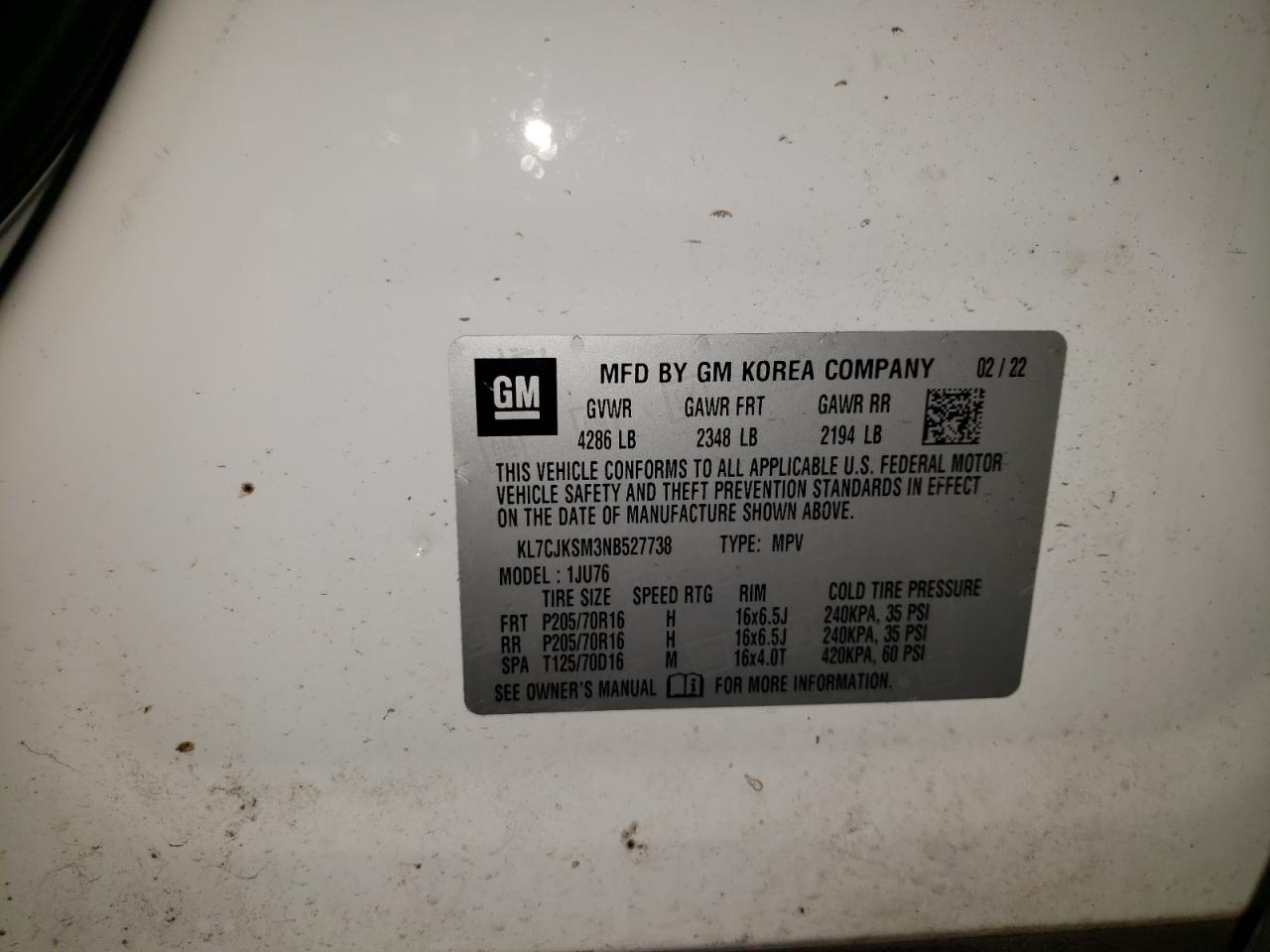 2022 Chevrolet Trax Ls VIN: KL7CJKSM3NB527738 Lot: 64237035
