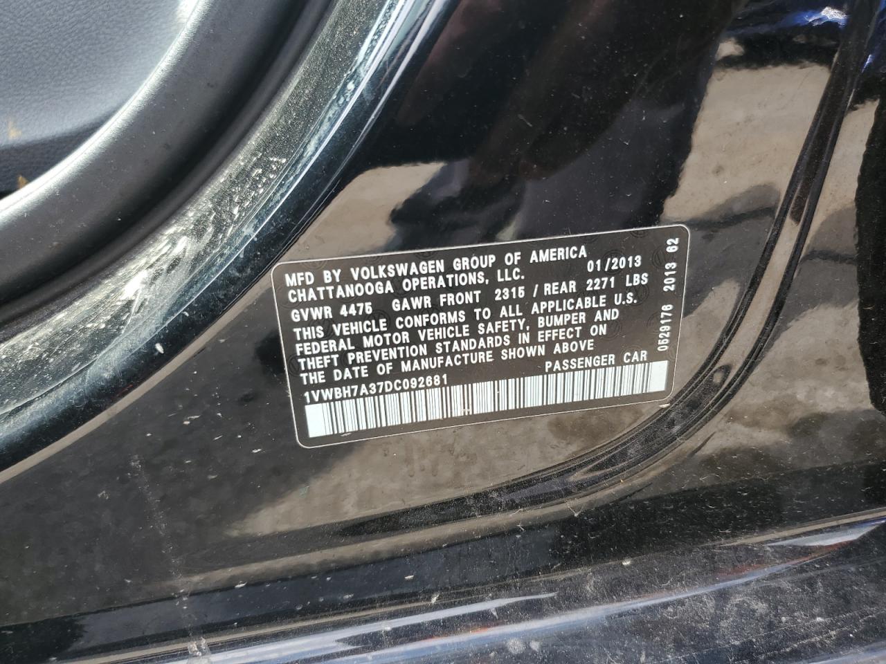 2013 Volkswagen Passat Se VIN: 1VWBH7A37DC092681 Lot: 63832565
