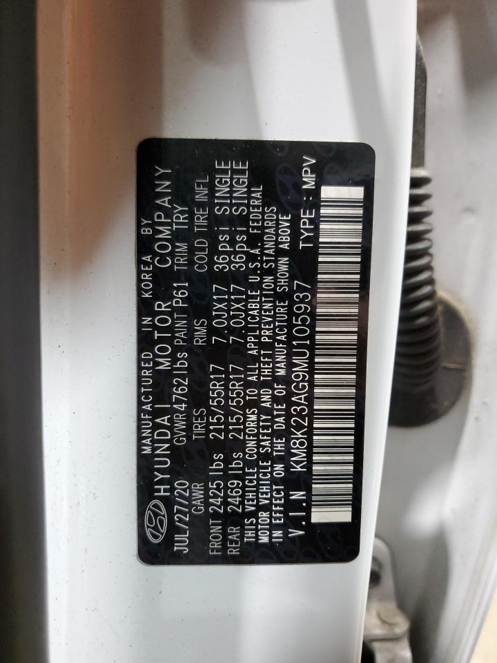 2021 Hyundai Kona Sel VIN: KM8K23AG9MU105937 Lot: 62495815