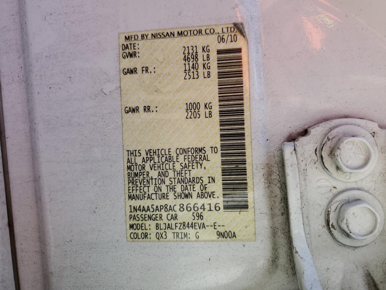 2010 Nissan Maxima S VIN: 1N4AA5AP8AC866416 Lot: 64524815