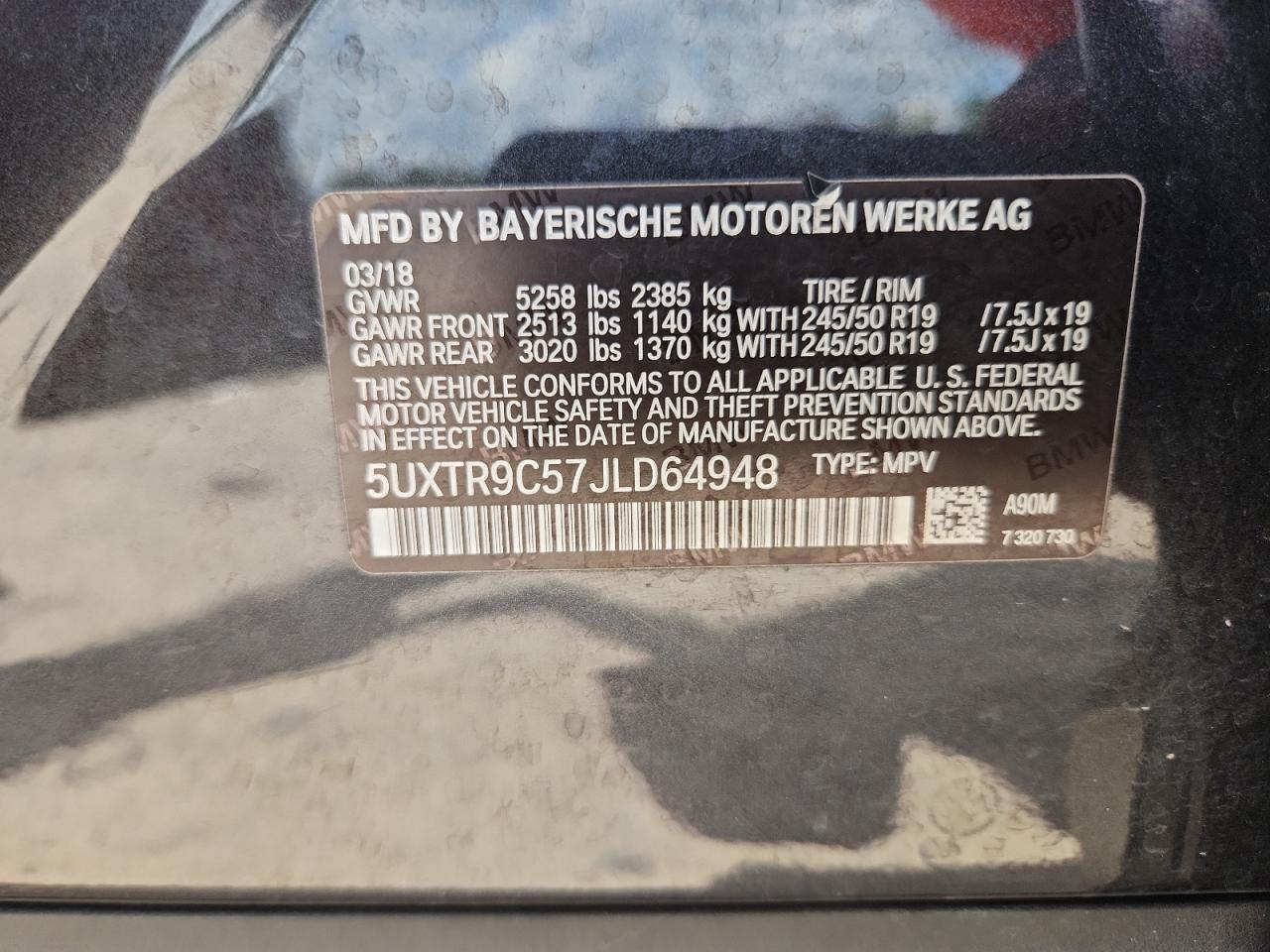 2018 BMW X3 xDrive30I VIN: 5UXTR9C57JLD64948 Lot: 64621445
