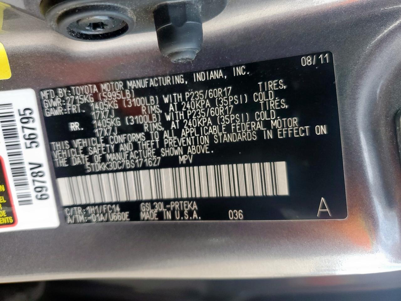 2011 Toyota Sienna Le VIN: 5TDKK3DC7BS171627 Lot: 64001605