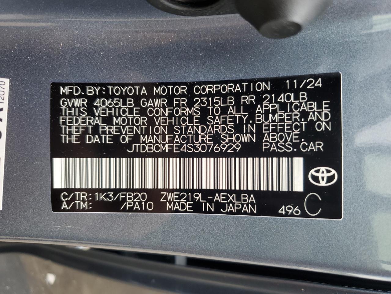 2025 Toyota Corolla Le VIN: JTDBCMFE4S3076929 Lot: 65513795