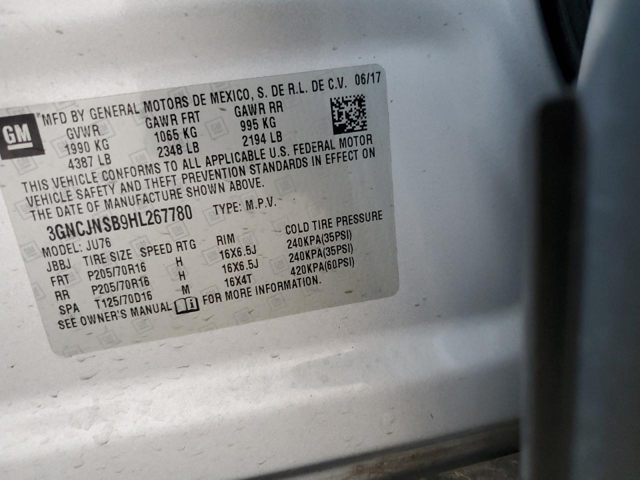 2017 Chevrolet Trax Ls VIN: 3GNCJNSB9HL267780 Lot: 65526065