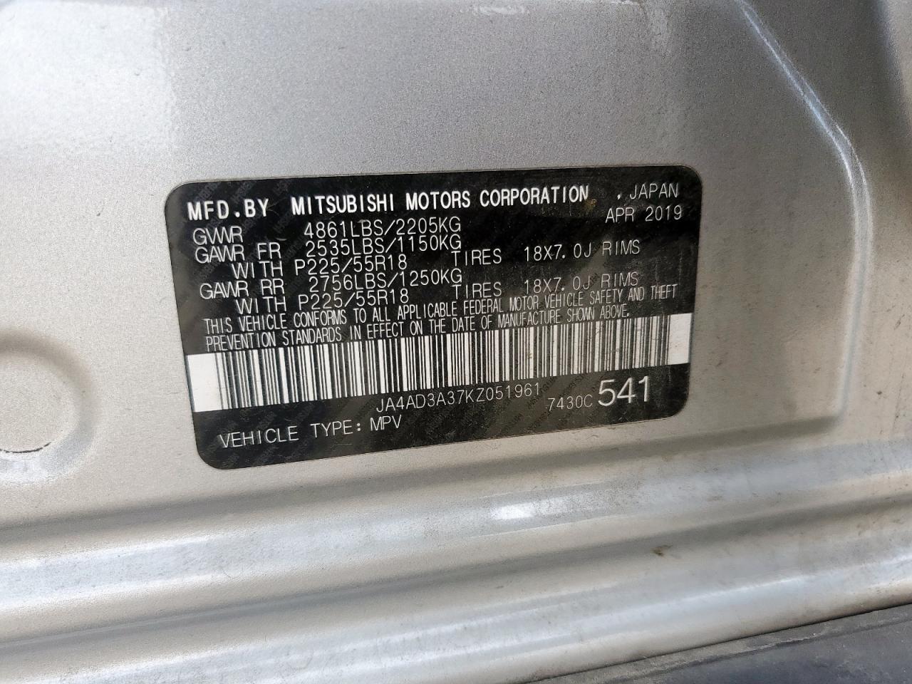 2019 Mitsubishi Outlander Se VIN: JA4AD3A37KZ051961 Lot: 63658875