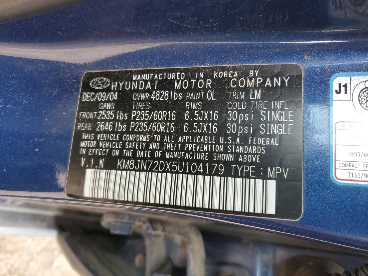2005 Hyundai Tucson Gls VIN: KM8JN72DX5U104179 Lot: 63813135