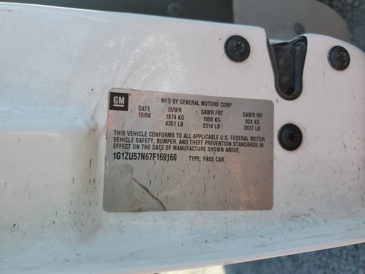 2007 Chevrolet Malibu Ltz VIN: 1G1ZU57N67F169160 Lot: 66740045