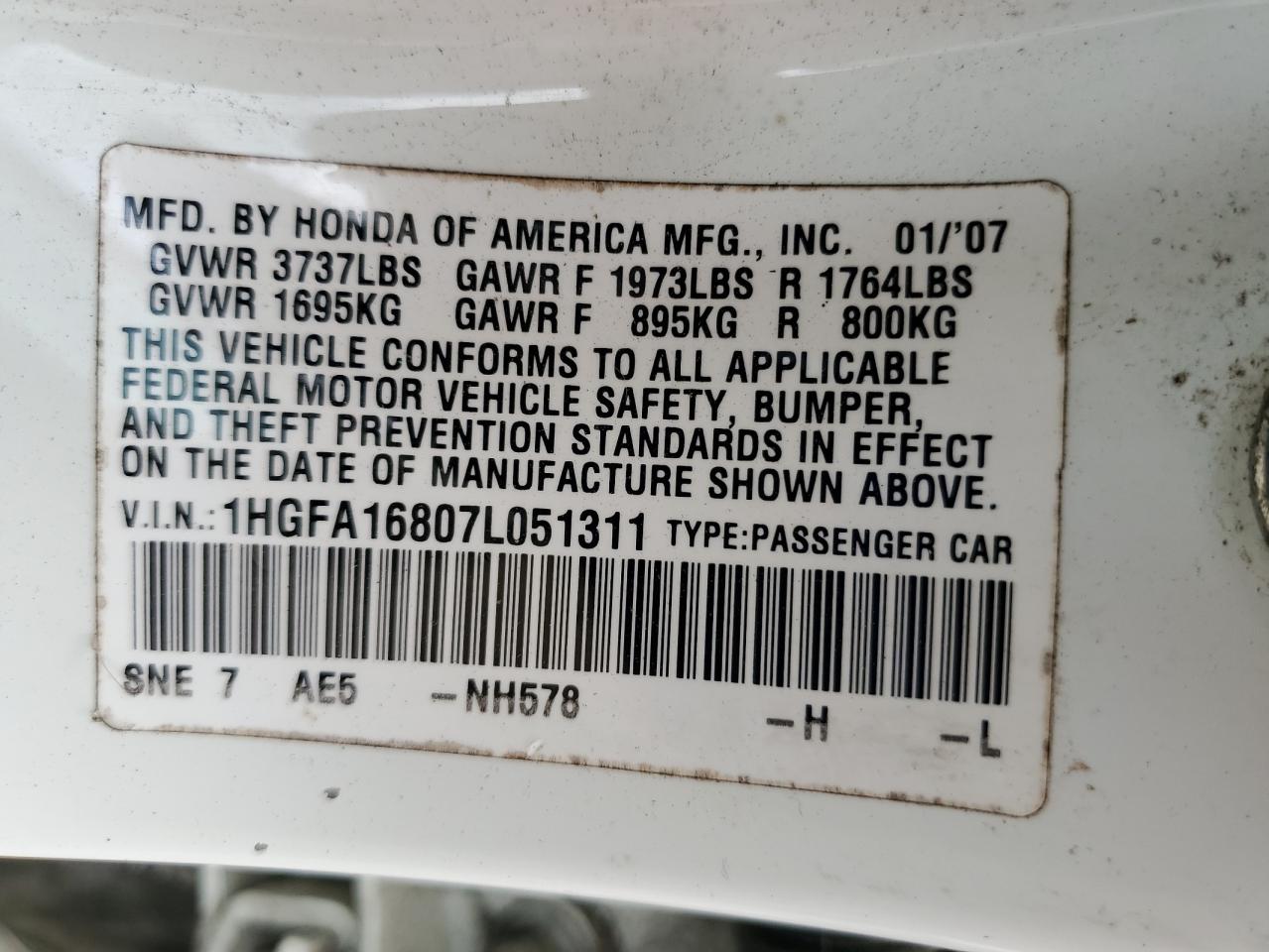 2007 Honda Civic Ex VIN: 1HGFA16807L051311 Lot: 63032335