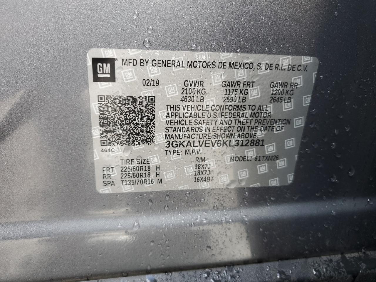 2019 GMC Terrain Slt VIN: 3GKALVEV6KL312881 Lot: 64118515