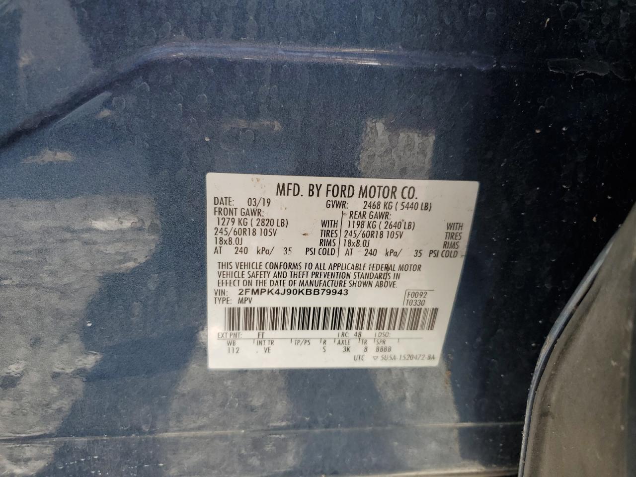 2019 Ford Edge Sel VIN: 2FMPK4J90KBB79943 Lot: 64261305