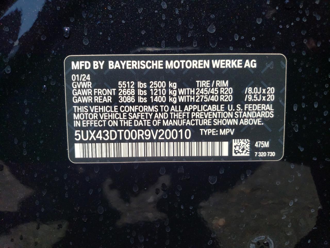 2024 BMW X4 M40I VIN: 5UX43DT00R9V20010 Lot: 65132805