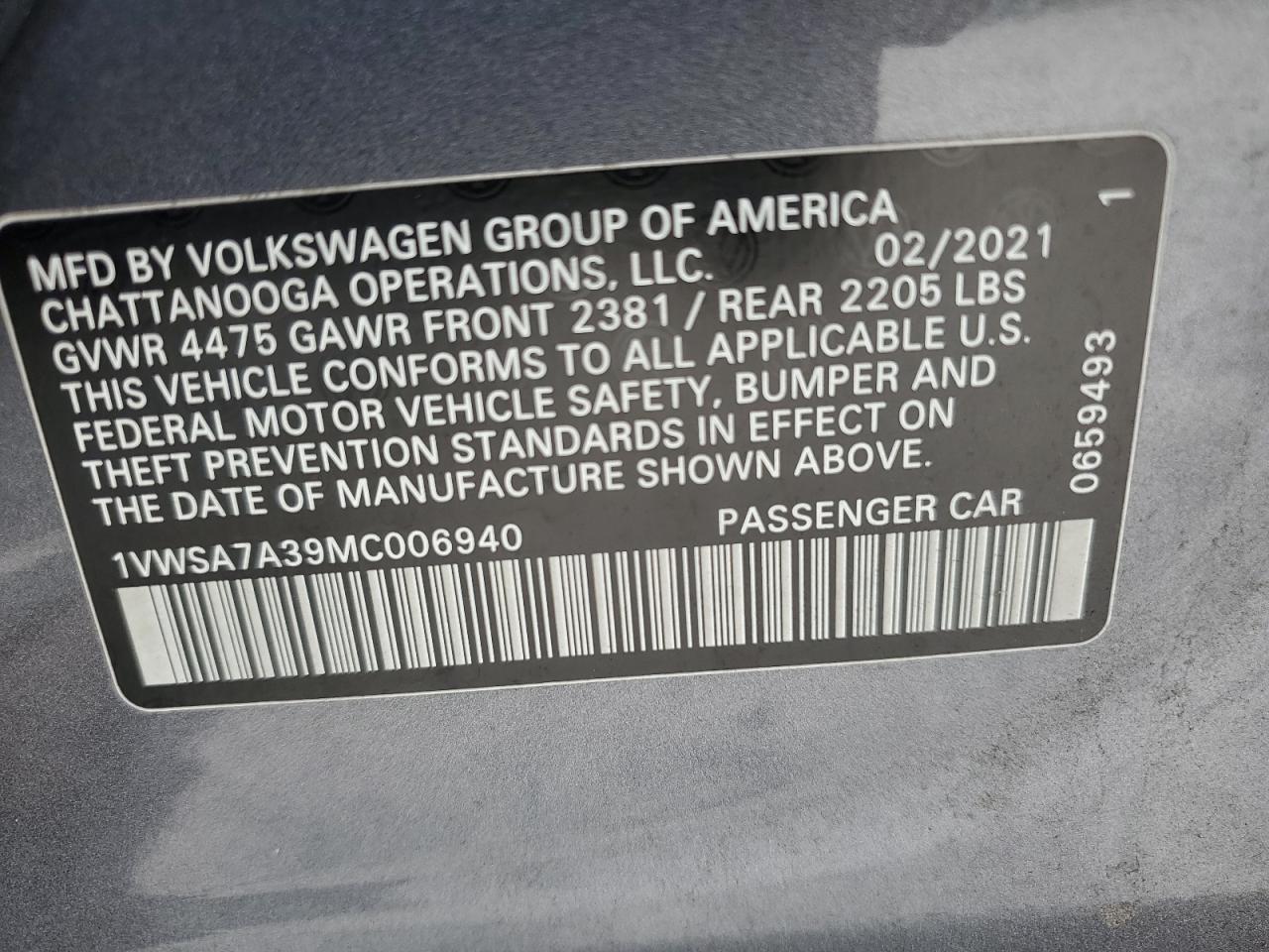 2021 Volkswagen Passat Se VIN: 1VWSA7A39MC006940 Lot: 62538885