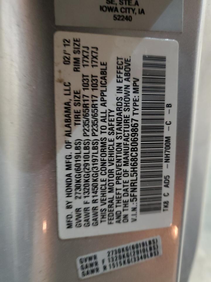 2012 Honda Odyssey Exl VIN: 5FNRL5H68CB069867 Lot: 63082685