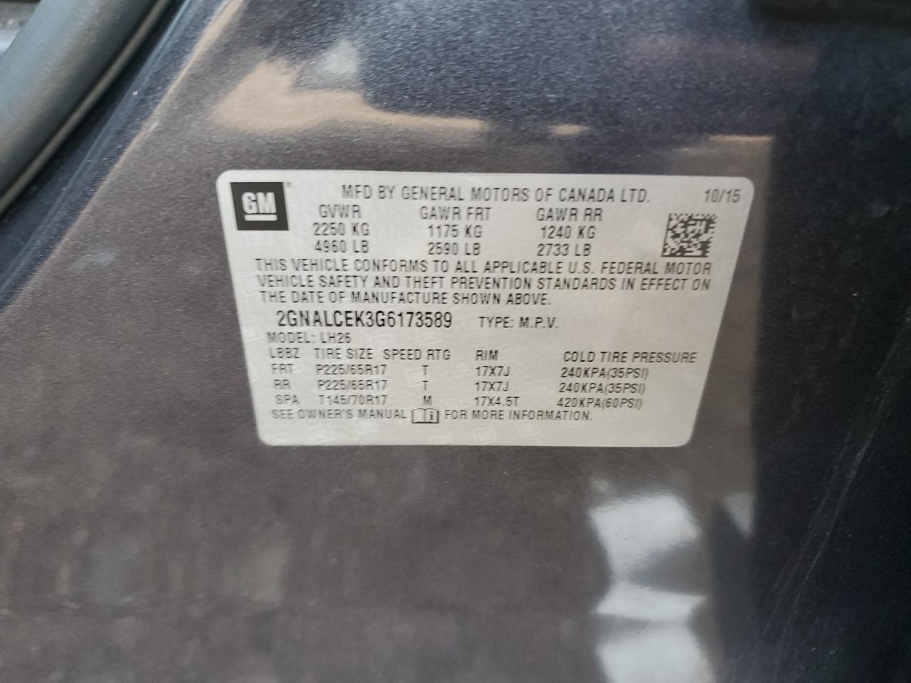 2016 Chevrolet Equinox Lt VIN: 2GNALCEK3G6173589 Lot: 65246195