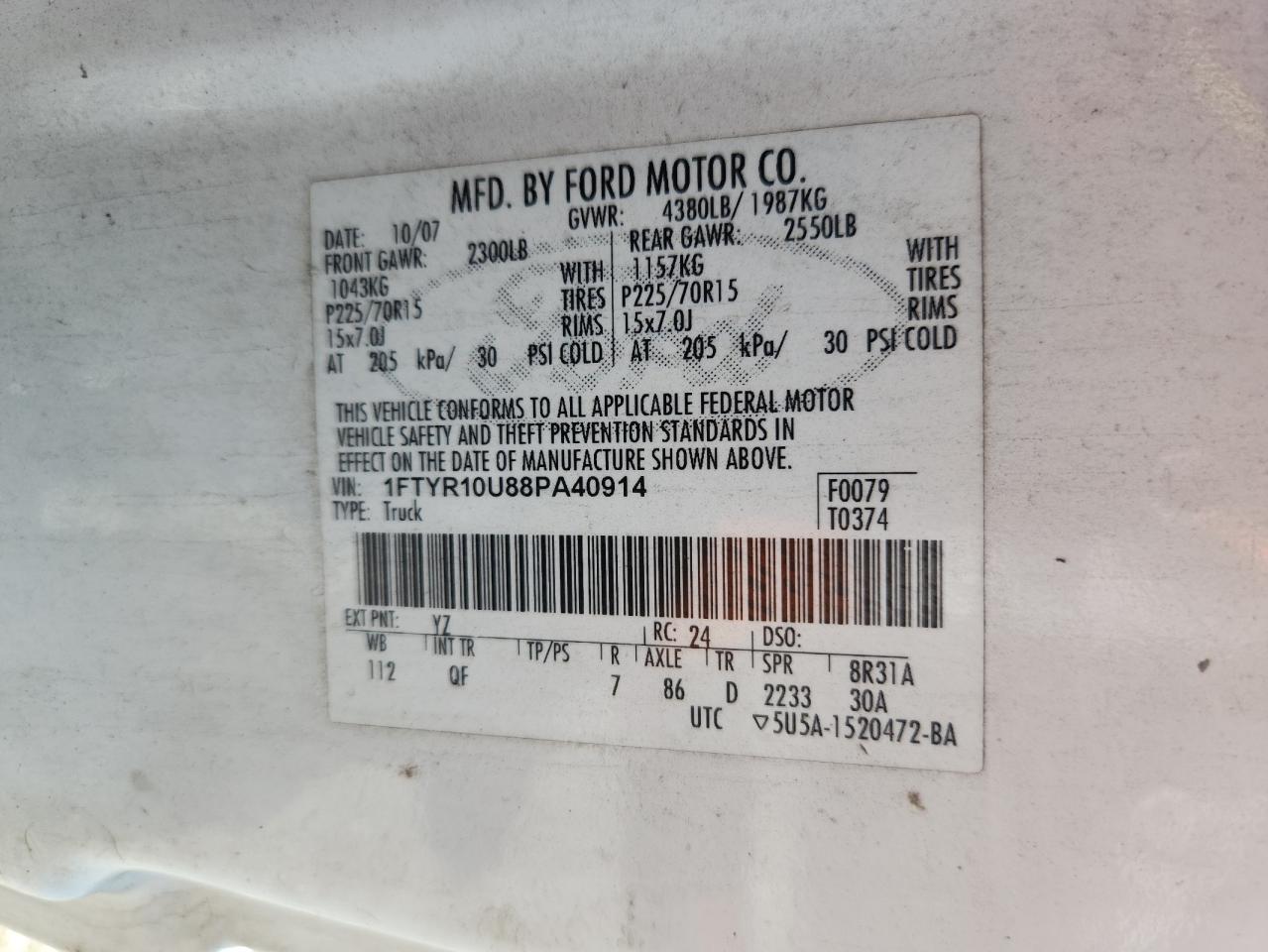 2008 Ford Ranger VIN: 1FTYR10U88PA40914 Lot: 64669305
