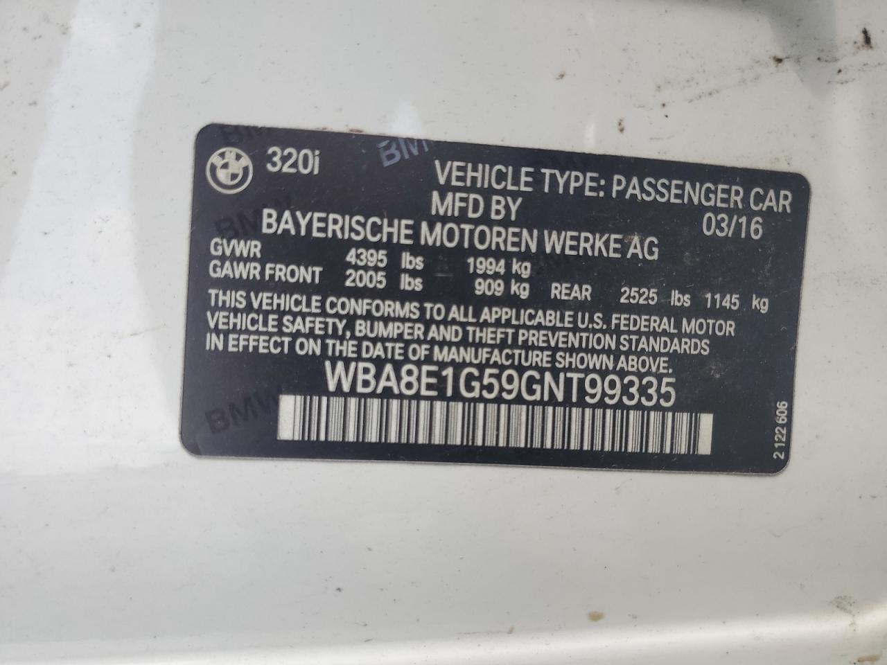 2016 BMW 320 I VIN: WBA8E1G59GNT99335 Lot: 64949345