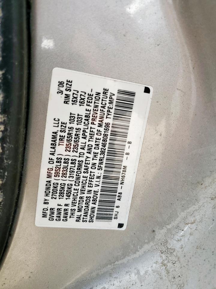 2006 Honda Odyssey Lx VIN: 5FNRL38246B081696 Lot: 66554185