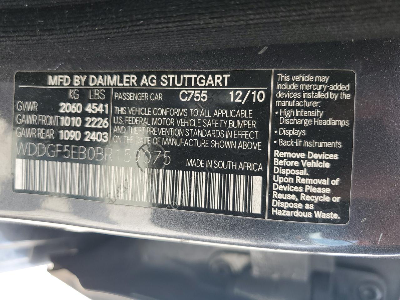 2011 Mercedes-Benz C 300 VIN: WDDGF5EB0BR159075 Lot: 62199375