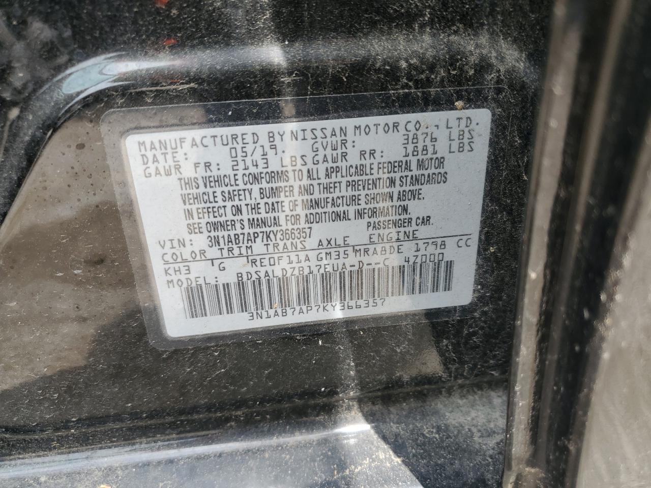 2019 Nissan Sentra S VIN: 3N1AB7AP7KY366357 Lot: 65138765