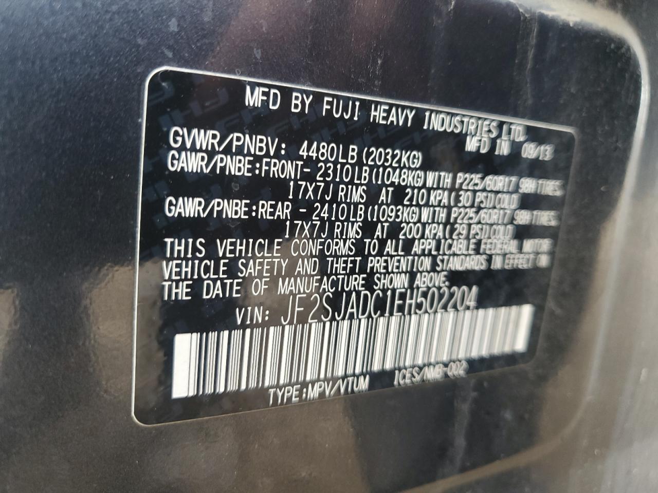 2014 Subaru Forester 2.5I Premium VIN: JF2SJADC1EH502204 Lot: 64500055
