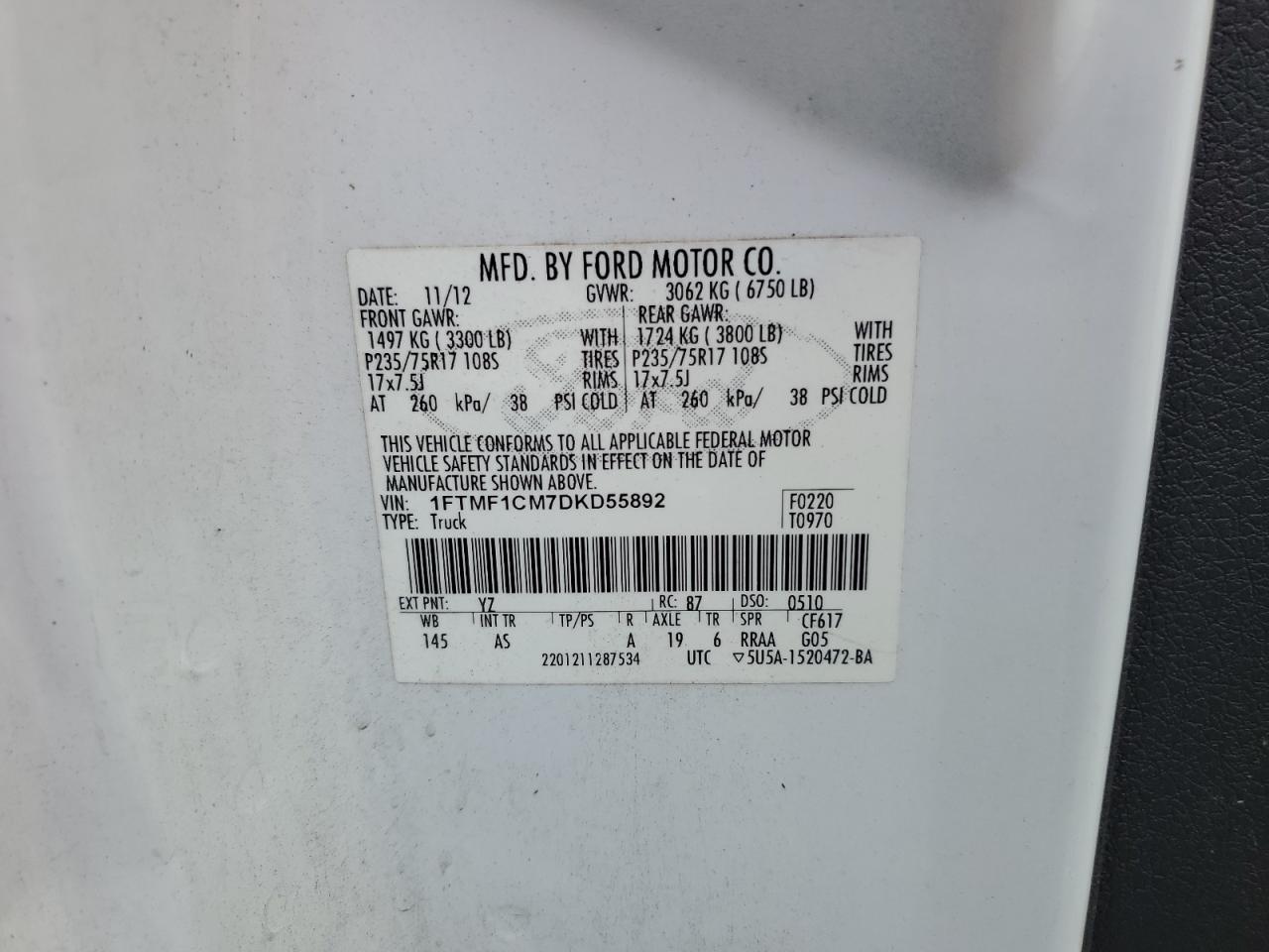 2013 Ford F150 VIN: 1FTMF1CM7DKD55892 Lot: 63447215