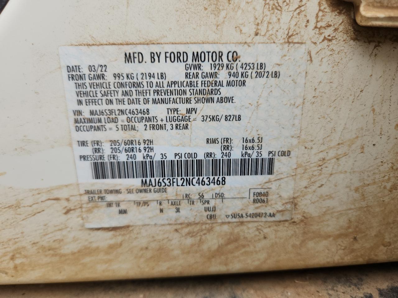 2022 Ford Ecosport S VIN: MAJ6S3FL2NC463468 Lot: 64835415
