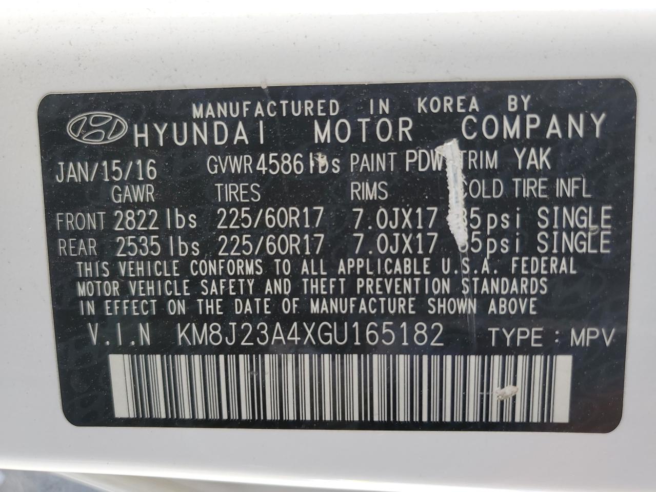 2016 Hyundai Tucson Se VIN: KM8J23A4XGU165182 Lot: 64605365