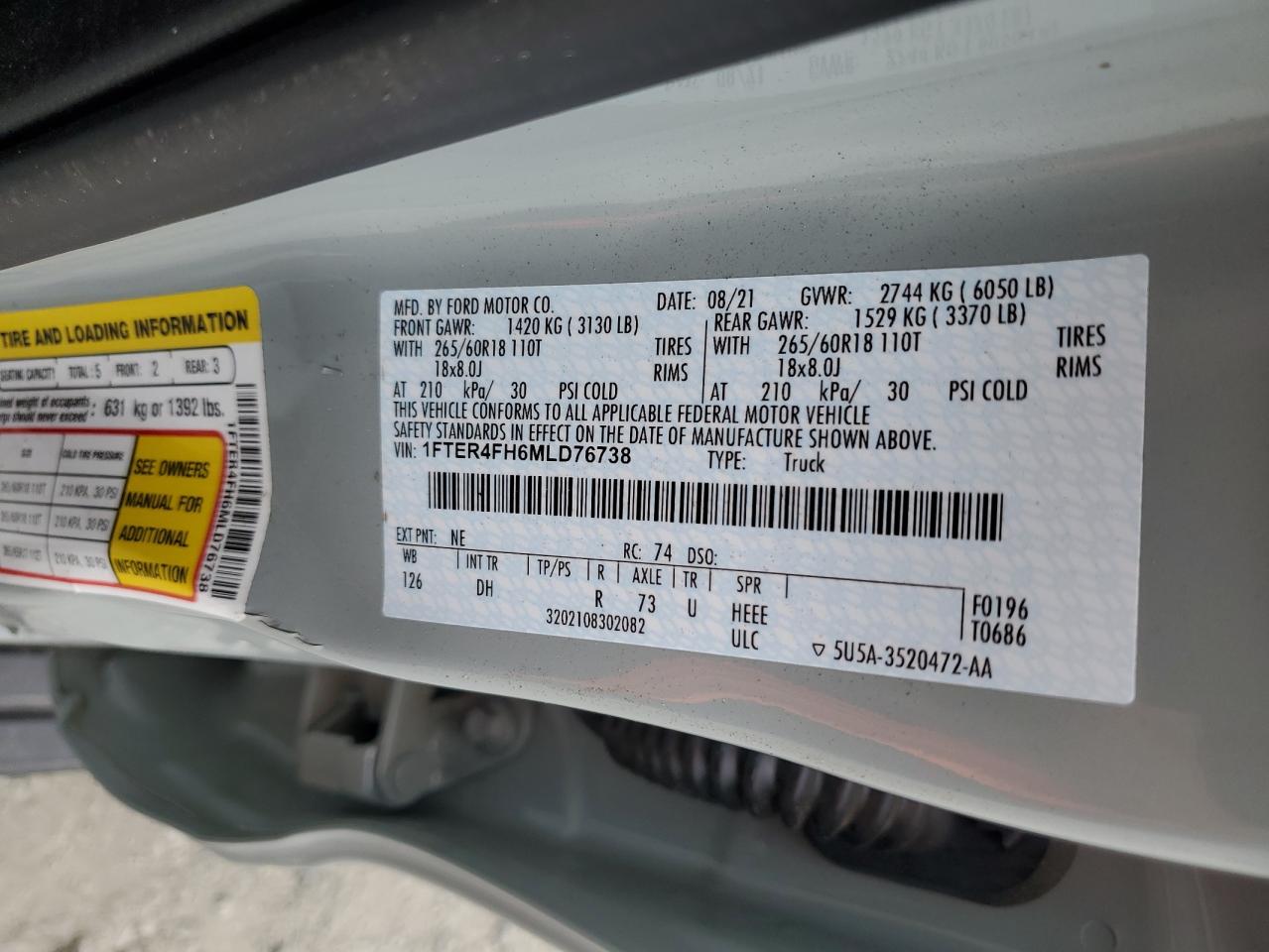 2021 Ford Ranger Xl VIN: 1FTER4FH6MLD76738 Lot: 63287065