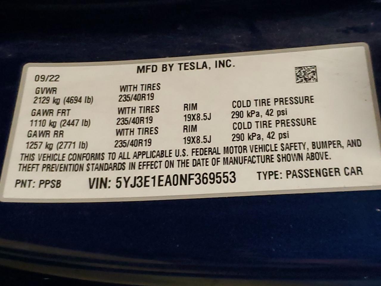 2022 Tesla Model 3 VIN: 5YJ3E1EA0NF369553 Lot: 64130355