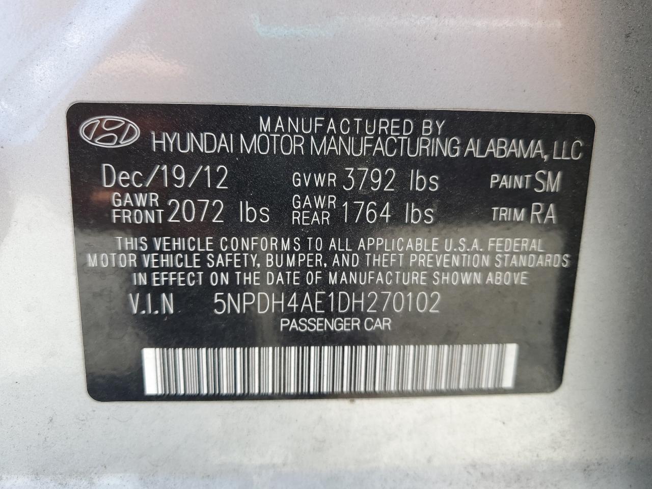 2013 Hyundai Elantra Gls VIN: 5NPDH4AE1DH270102 Lot: 63313075
