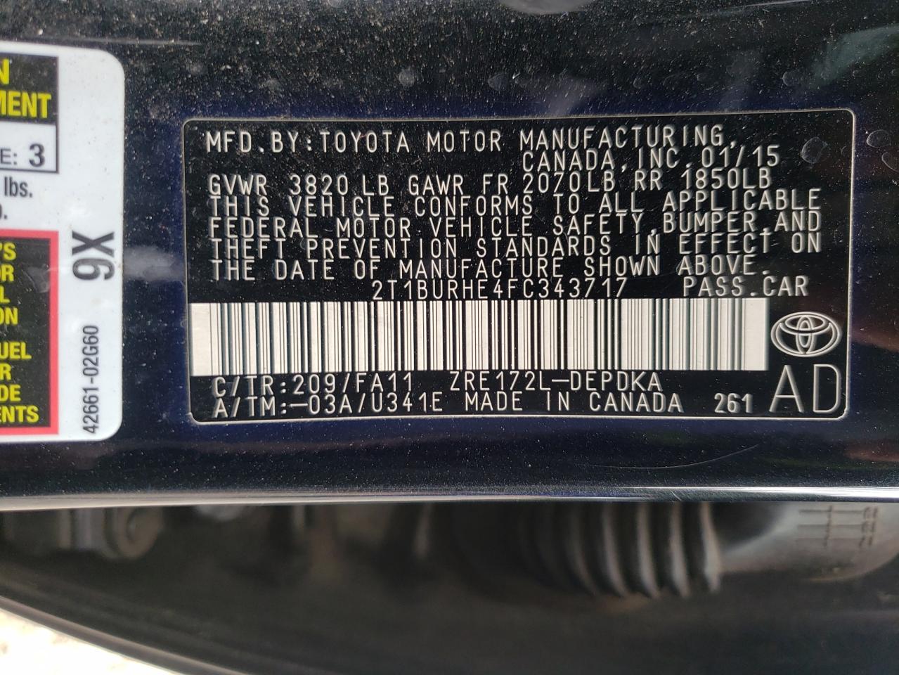 2015 Toyota Corolla L VIN: 2T1BURHE4FC343717 Lot: 65427835