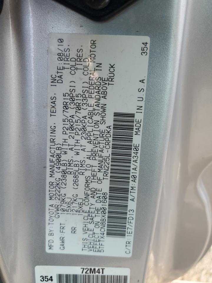 2011 Toyota Tacoma Access Cab VIN: 5TFTX4CN8BX001608 Lot: 65180205