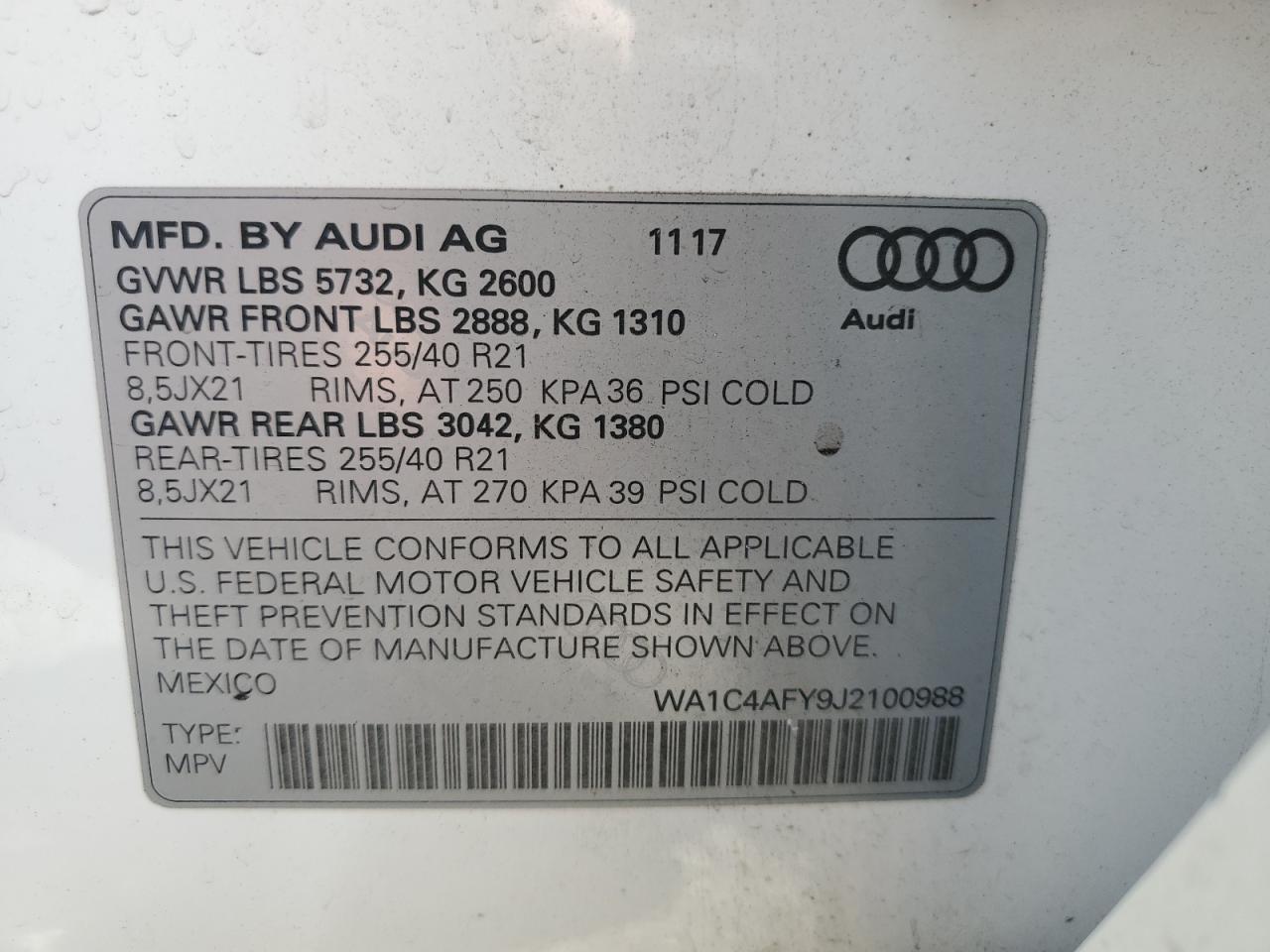 2018 Audi Sq5 Prestige VIN: WA1C4AFY9J2100988 Lot: 63657735