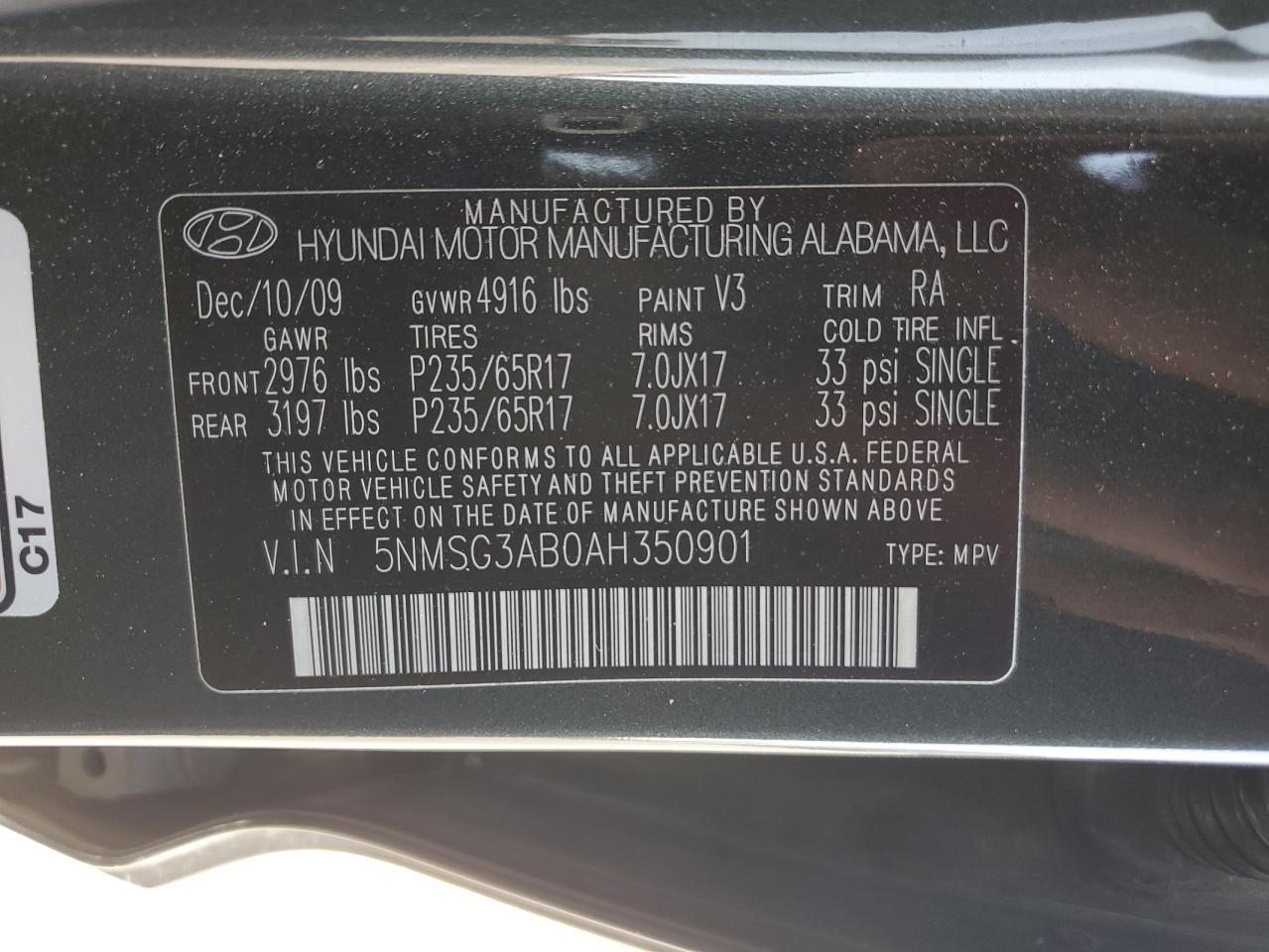 2010 Hyundai Santa Fe Gls VIN: 5NMSG3AB0AH350901 Lot: 64880305