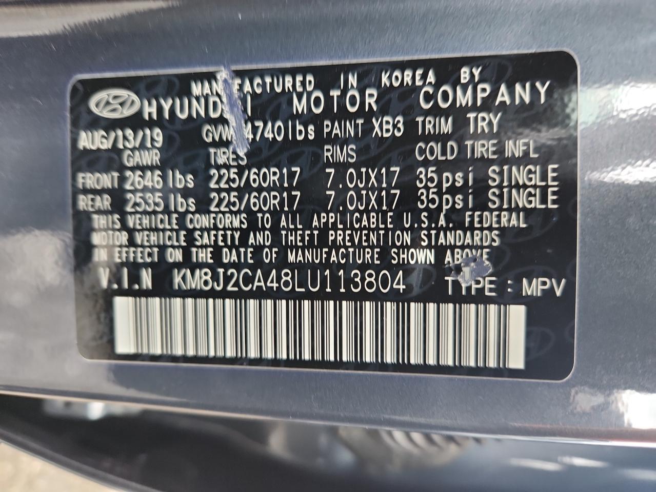 2020 Hyundai Tucson Se VIN: KM8J2CA48LU113804 Lot: 64293005