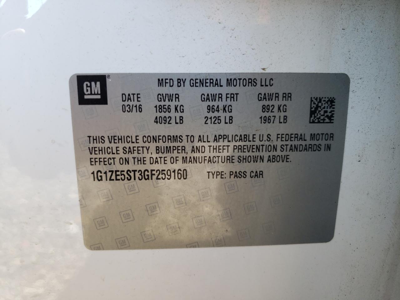 1G1ZE5ST3GF259160 CHEVROLET MALIBU 2016