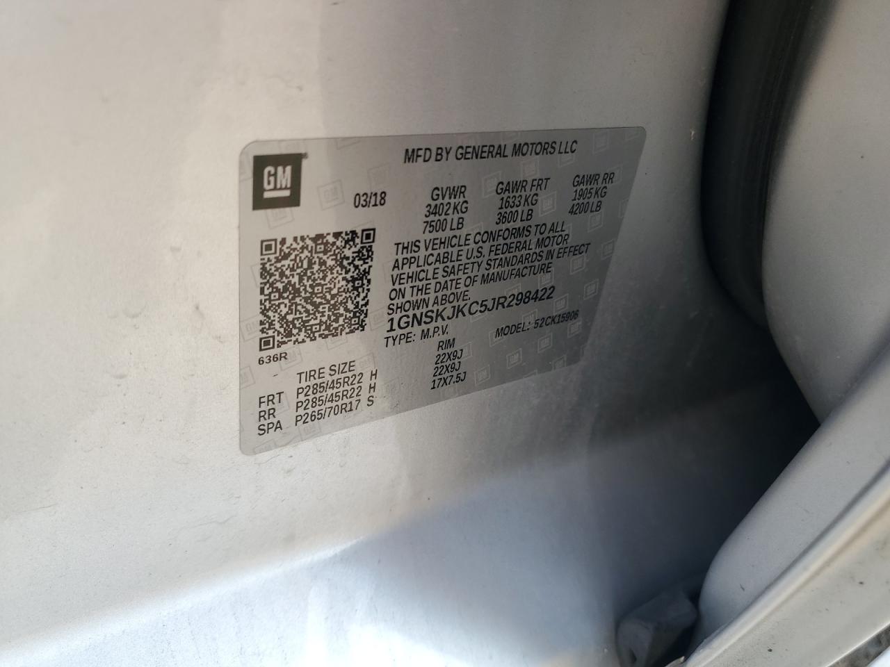 1gnskjkc5jr298422 1GNSKJKC5JR298422 2018 Chevrolet Suburban K1500 Premier