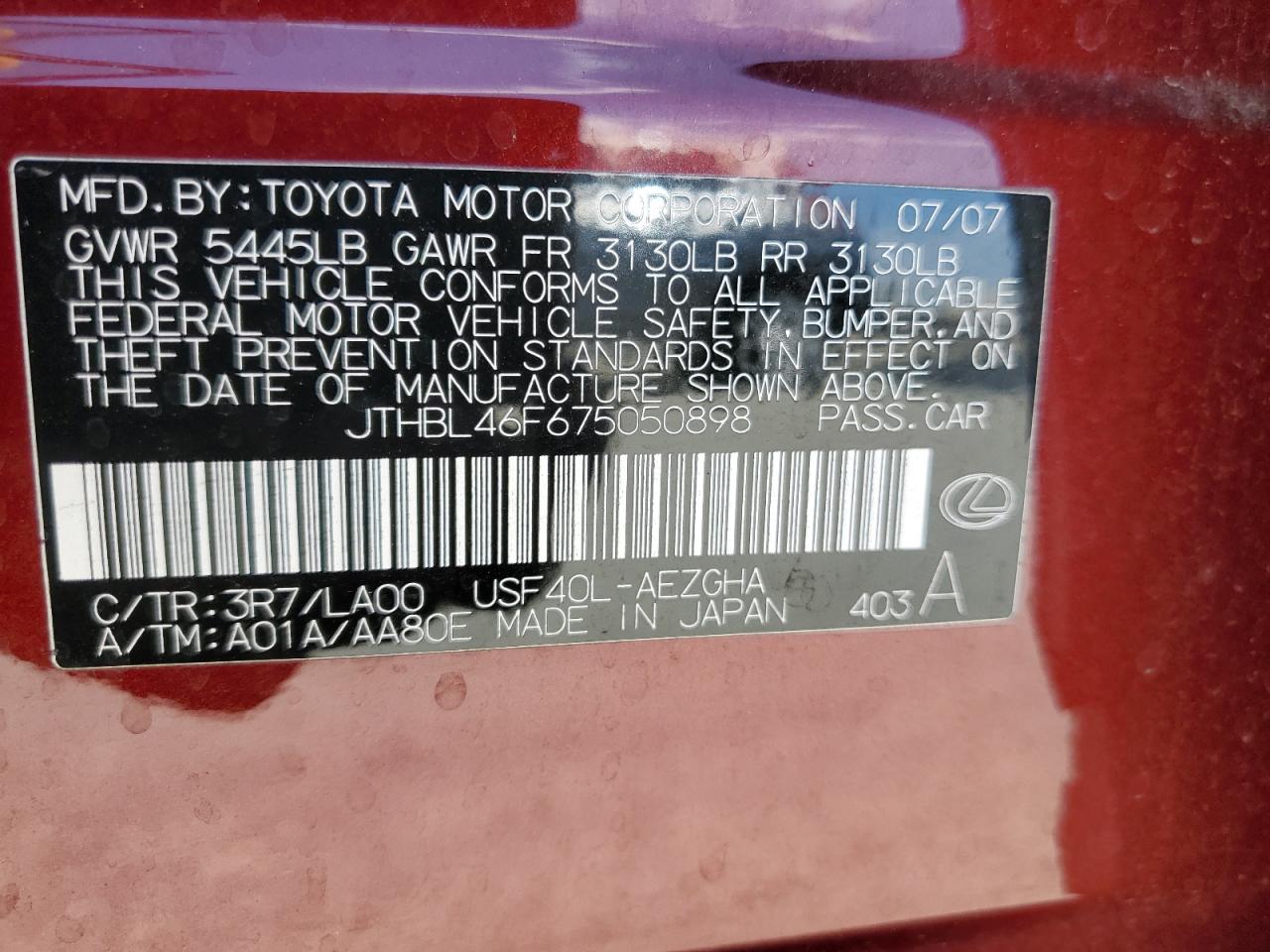 2007 Lexus Ls 460 VIN: JTHBL46F675050898 Lot: 66157035