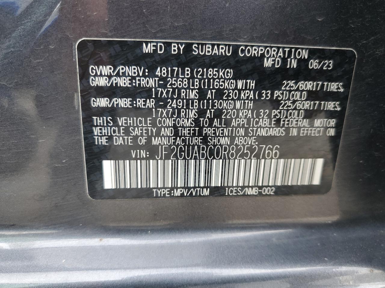 2024 Subaru Crosstrek VIN: JF2GUABC0R8252766 Lot: 66271225