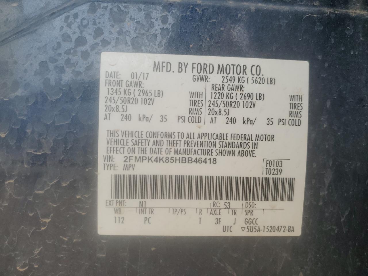 2017 Ford Edge Titanium VIN: 2FMPK4K85HBB46418 Lot: 64833405