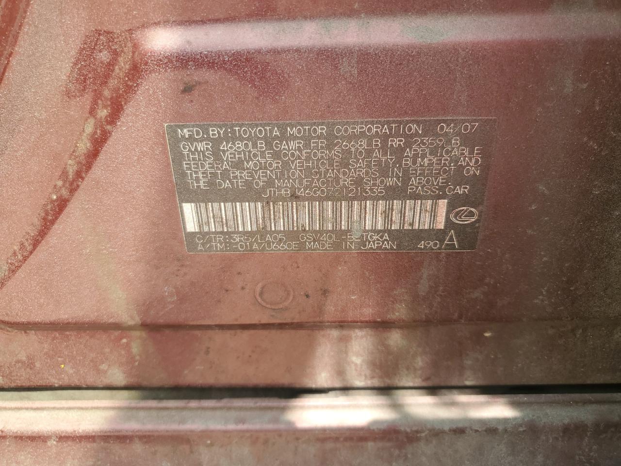 jthbj46g072121335 JTHBJ46G072121335 2007 Lexus Es 350