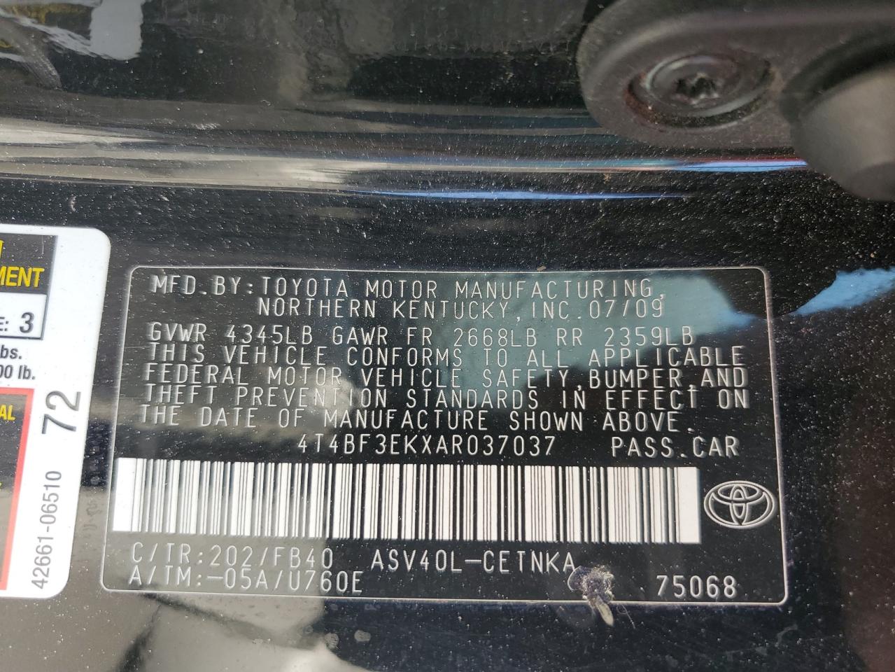 2010 Toyota Camry Base VIN: 4T4BF3EKXAR037037 Lot: 64856945